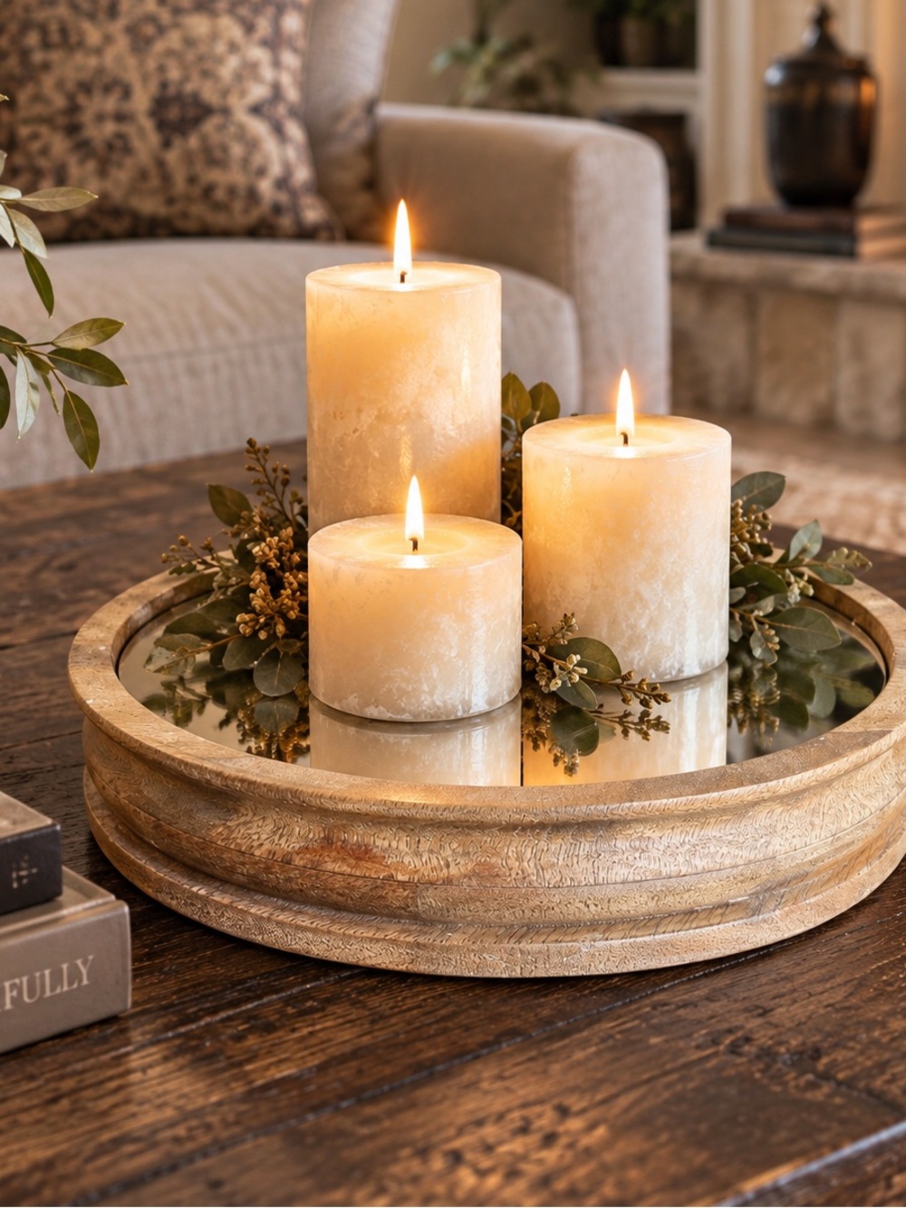 Pottery Barn 10” Round Wood & Mirrored Candle Holder Tray